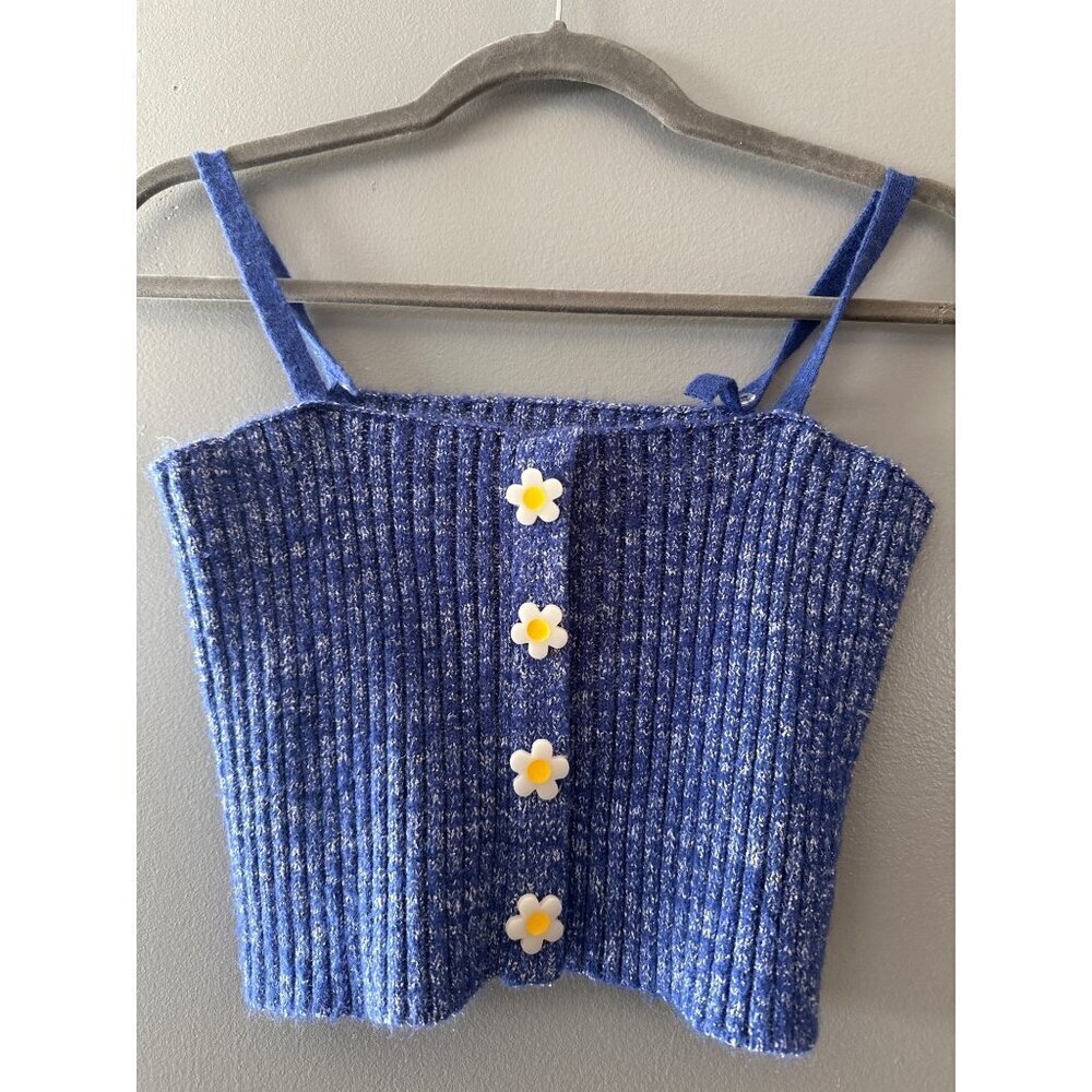 Ledin L Blue Cropped Knit Tank Sunflower Buttons Cottagecore Y2K Top Festival
